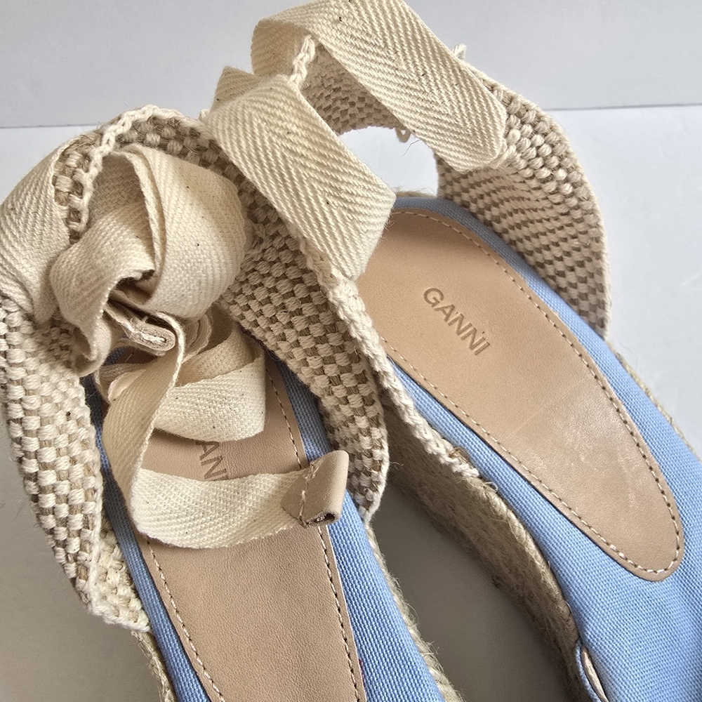 Ganni Canvas Open Toe Wedge Platform Lace Up Espadrilles Light Blue Cream - Picture 8 of 10